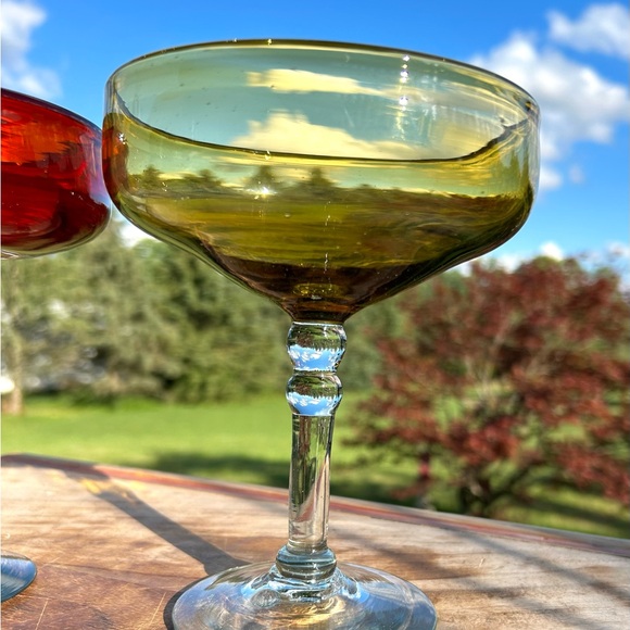 Vintage Set of 2 Hand Blown Mexican Red/yellow Margarita Glasses Barware - Picture 8 of 11